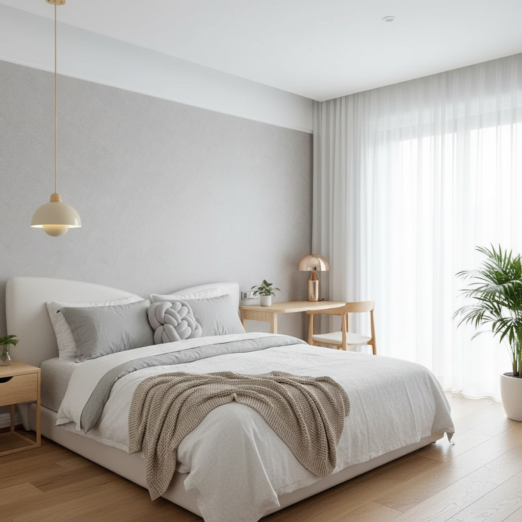 Nordic bedroom with petal lamp